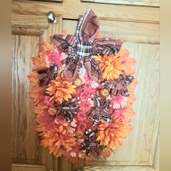 Autumn Floral Wreath with Plaid Accents 18" Tall 16" Wide (Handmade) - Picture 1 of 4